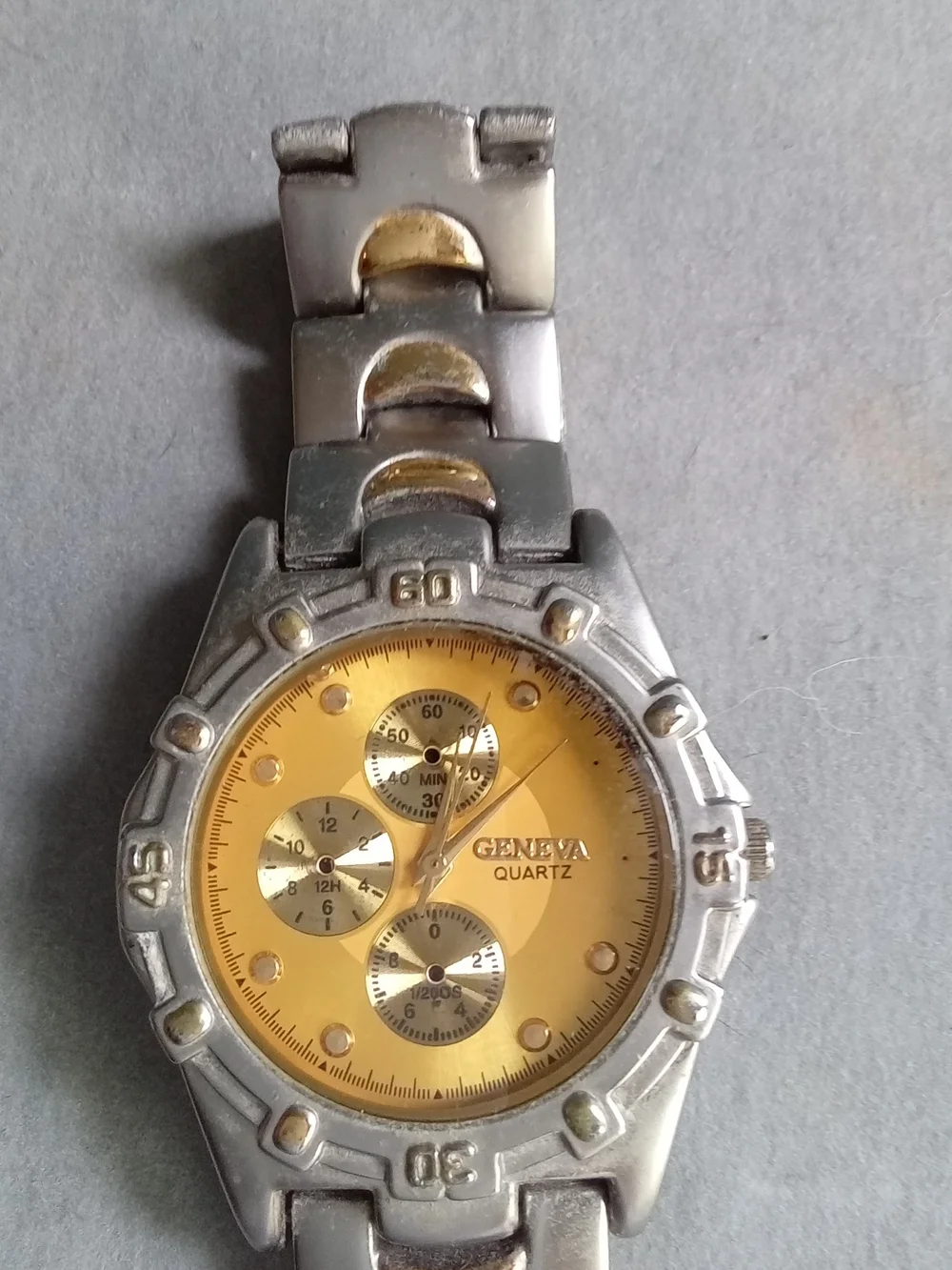 Geneva Quartz Watch‎ Two Tone Silver Gold Stainless Steel Link Bracelet Chrono